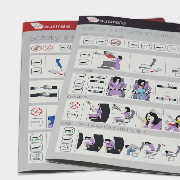 safety instruction cards for Virgin Australia